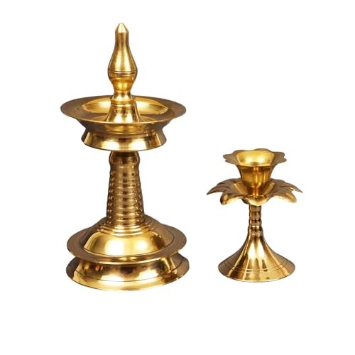 Spillbox Traditional Brass Kerala Kuthu villaku Diya | Oil Lamp for Home Temple Churuch Puja Articles Decor Gifts- Kerala Nila Villakku and Jasmine Candle Holder - Image 1