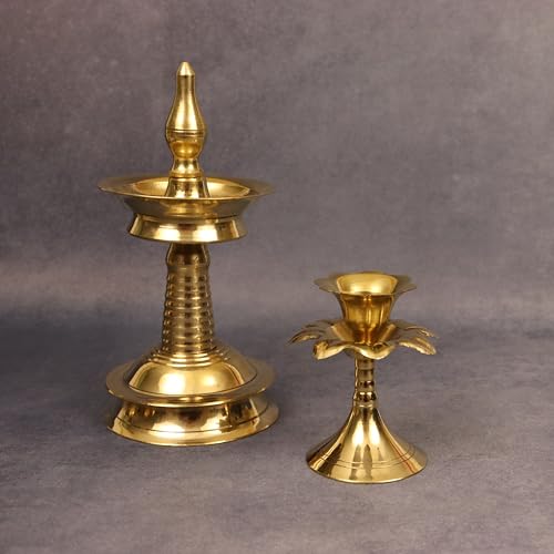 Spillbox Traditional Brass Kerala Kuthu villaku Diya | Oil Lamp for Home Temple Churuch Puja Articles Decor Gifts- Kerala Nila Villakku and Jasmine Candle Holder - Image 3
