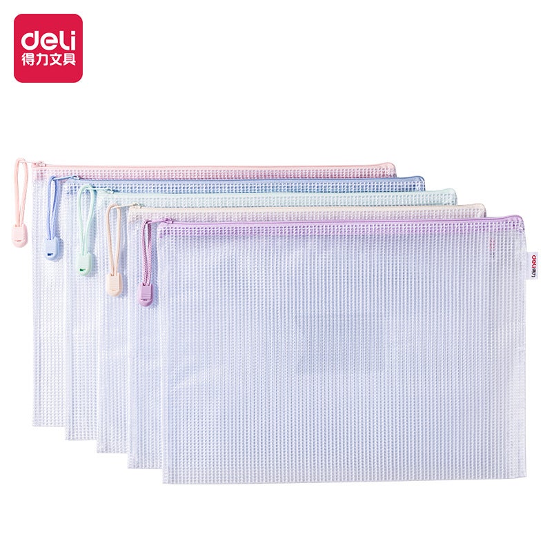 Generic Delight 63482 A4 Zipper Bag Document Organizer Deli 63482 Macaron color PVC mesh zipper bag-with insert pocket (mixed)(5/bag)