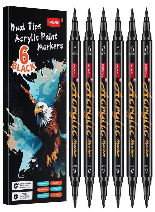 Droaful Black Acrylic Paint Pens Markers, 6 Pc Dual Tips Waterproof Paint Markers For Rock Painting, Fabric, Metal, Glass, Wood, Canvas, Ceramic, Pumpkins, Eggs, Plastic, Non-Toxic & Odor (6 Black) - Image 1