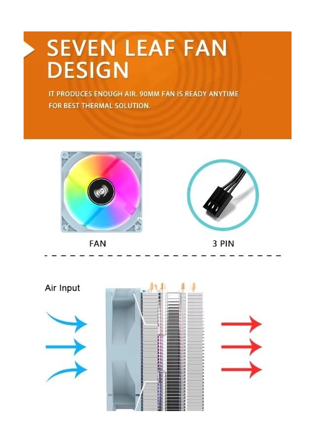 Aigo ICE400SE RGB Air CPU Cooler with PWM Control, Supports Latest Intel: 1700 AMD: AM5,  4* Copper Heat Pipes, Up to 1800 RPM Fan Speed, TDP 160W, 7 blade Fans, 42CFM Air Volume -CPU cooler - Image 4