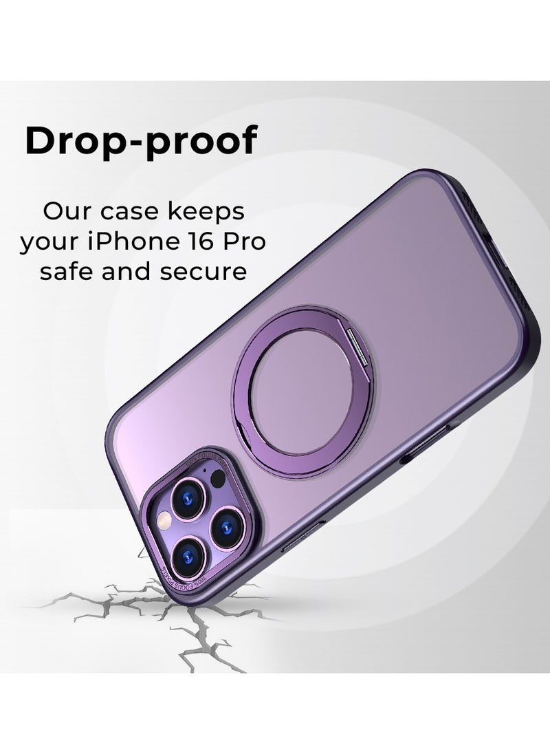 glassology iPhone 16 Pro Max 360° Rotate Ring Stand MagSafe Case Shockproof Wireless Charging Compatible Adjustable Kickstand (Purple)  - Image 3