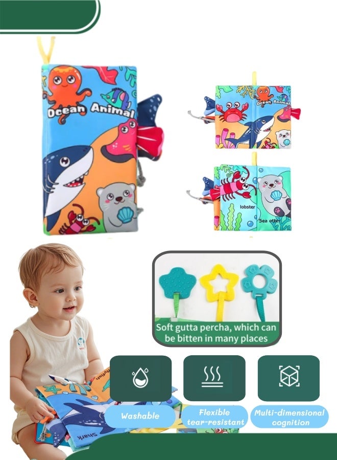 Soft Baby Cloth Book,Baby Touch And Feel Crinkle Cloth Books,Baby Early Development Toys,Touch And Feel Sensory Crinkle Book With Teether,Early Development Interactive & Stroller Toys,4 Pages 8 Sides,For Boys And Girls(Marine Animals) - Image 1