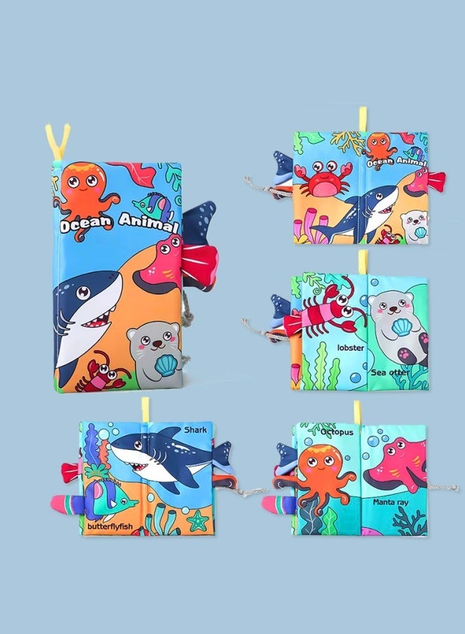 Soft Baby Cloth Book,Baby Touch And Feel Crinkle Cloth Books,Baby Early Development Toys,Touch And Feel Sensory Crinkle Book With Teether,Early Development Interactive & Stroller Toys,4 Pages 8 Sides,For Boys And Girls(Marine Animals) - Image 2