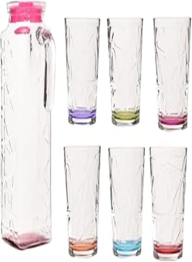 LAV CORAL LINE / 7 Pcs (6 Glass cups + 1 Jug) / Multi Color/Elegant design, Trusted Brand, Attractive shape of Water, Smoothies, Juices, Cocktails/High Quality Materials