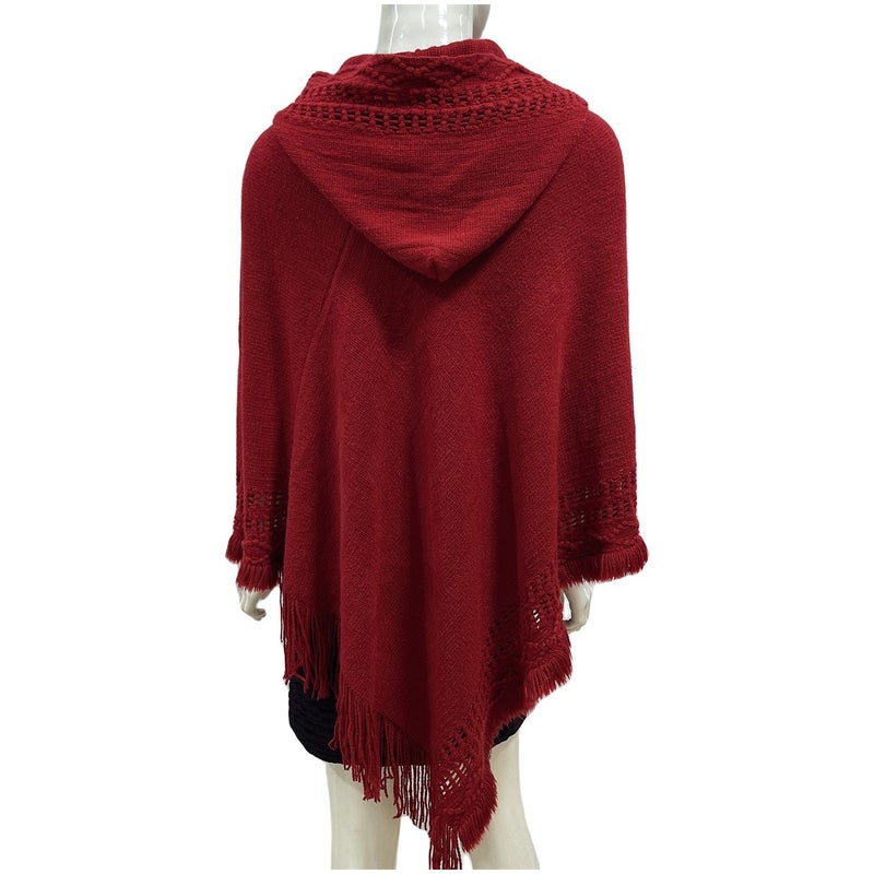 Women's Hooded Cape Poncho with Hollow-Out Tassel Design, Loose Fit, Plus Size, Street Style