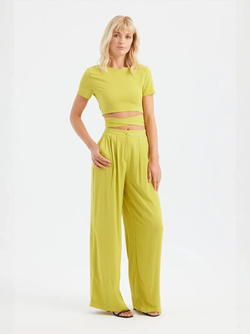 HICCUP 2 Pieces: Round Neck Lace Up Back Crop Top & High Waist Pleated Wide Leg Trousers