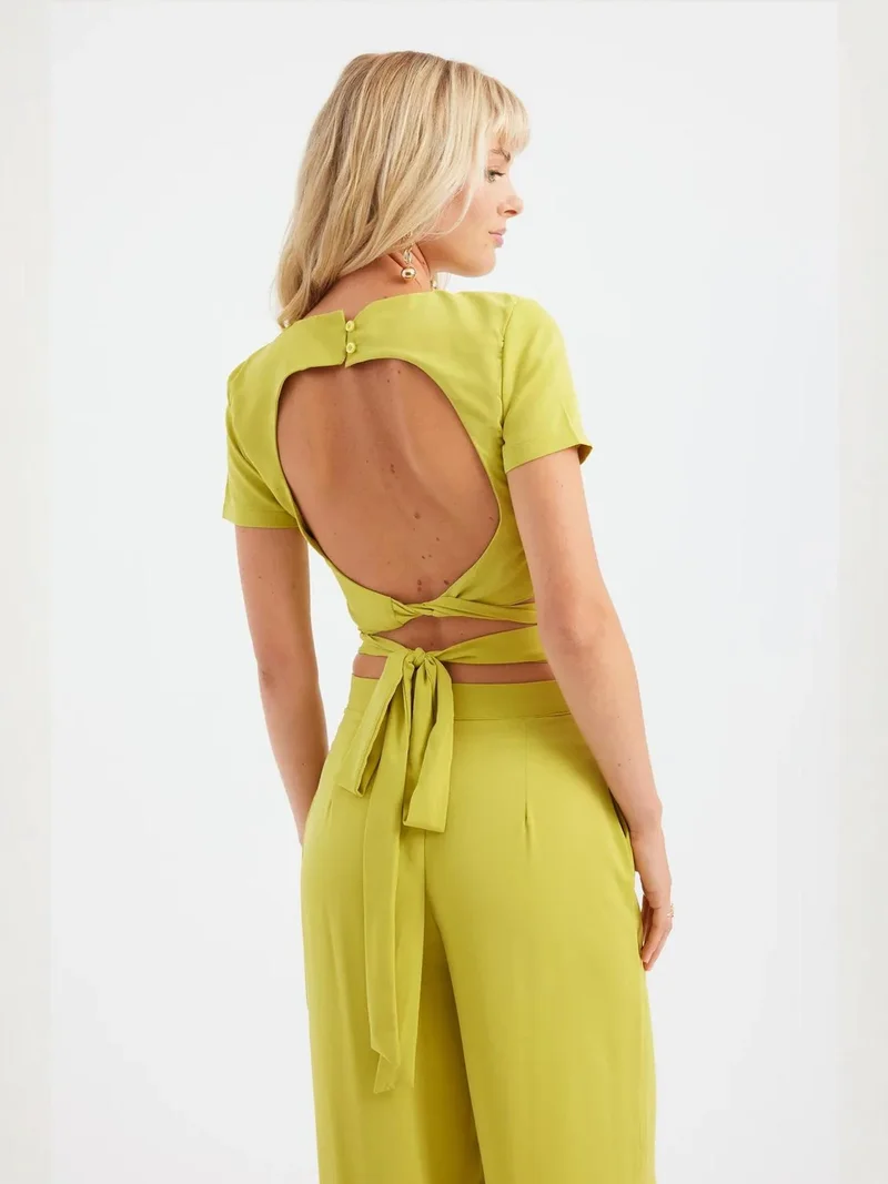 HICCUP 2 Pieces: Round Neck Lace Up Back Crop Top & High Waist Pleated Wide Leg Trousers