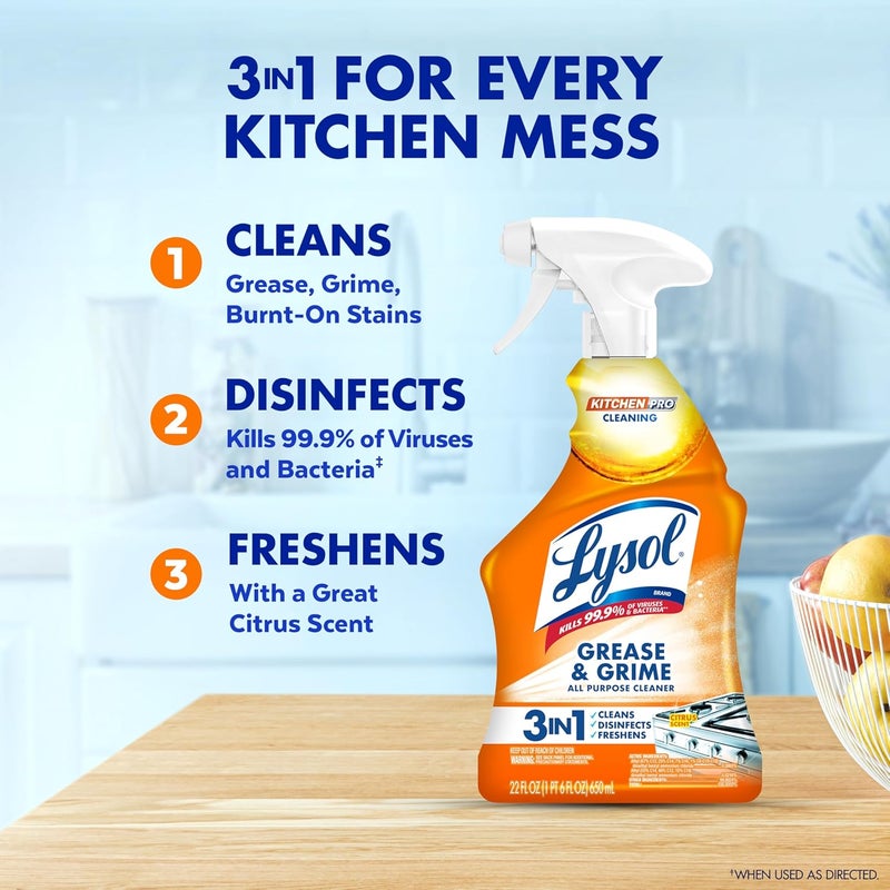 Lysol Pro Kitchen Spray Cleaner and Degreaser, Antibacterial All Purpose Cleaning Spray for Kitchens, Countertops, Ovens, and Appliances, Citrus Scent, 22oz - Image 1