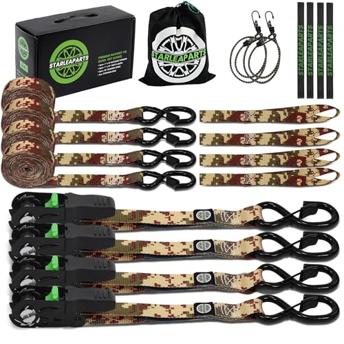 STARLEAPARTS Motorcycle Tie Down Strap (4PK) - 2,100lb Break Strength Ratchet Tie Down Straps Set with 2 Bungee Cord, Soft Loop Ratchet Straps for Moving Appliances, Lawn Equipment, Cargo Straps for Trucks, Camo - Image 1