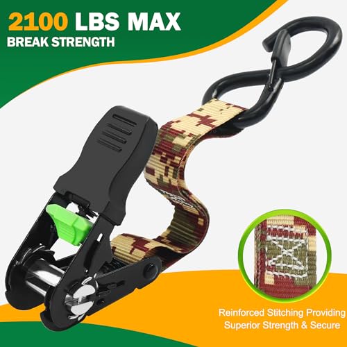 STARLEAPARTS Motorcycle Tie Down Strap (4PK) - 2,100lb Break Strength Ratchet Tie Down Straps Set with 2 Bungee Cord, Soft Loop Ratchet Straps for Moving Appliances, Lawn Equipment, Cargo Straps for Trucks, Camo - Image 5