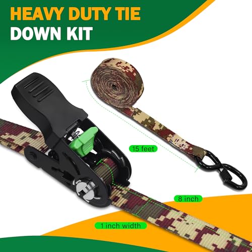 STARLEAPARTS Motorcycle Tie Down Strap (4PK) - 2,100lb Break Strength Ratchet Tie Down Straps Set with 2 Bungee Cord, Soft Loop Ratchet Straps for Moving Appliances, Lawn Equipment, Cargo Straps for Trucks, Camo - Image 3