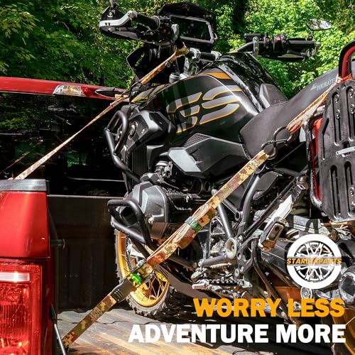 STARLEAPARTS Motorcycle Tie Down Strap (4PK) - 2,100lb Break Strength Ratchet Tie Down Straps Set with 2 Bungee Cord, Soft Loop Ratchet Straps for Moving Appliances, Lawn Equipment, Cargo Straps for Trucks, Camo - Image 2