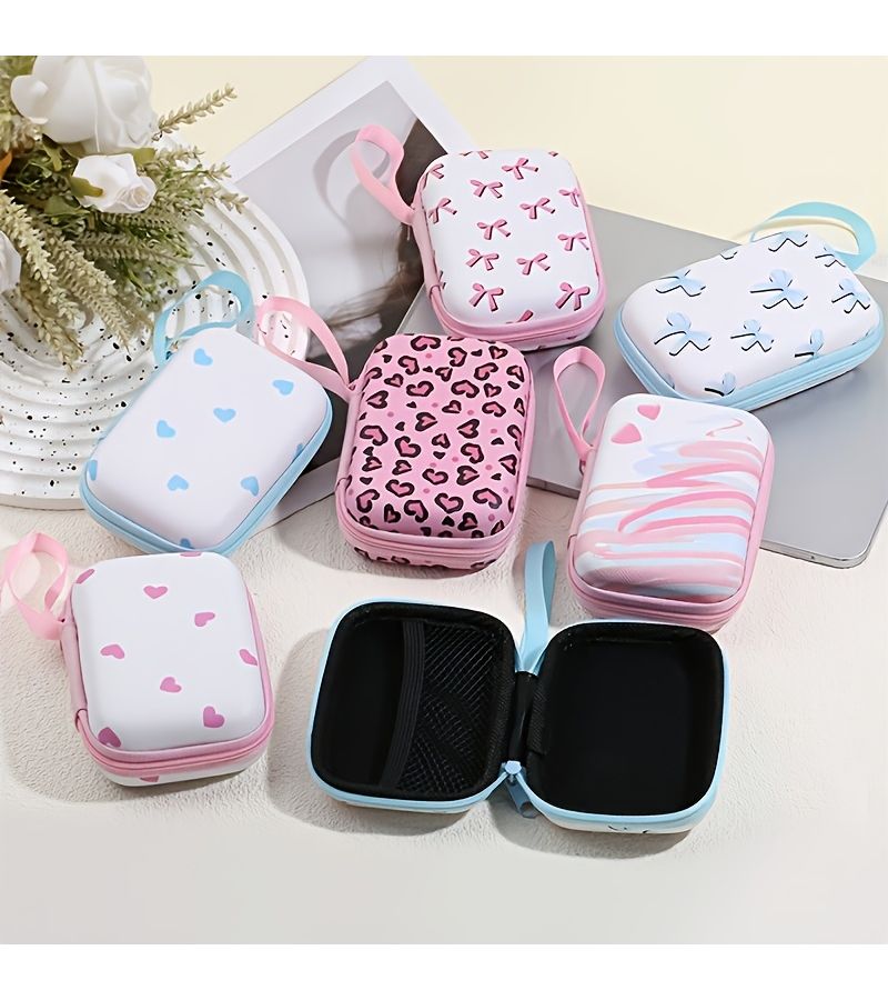Blue Bow Leopard Print And Heart Zippered Storage Box For Dorm Desk Organizer Lightweight Portable Case Suitable For Headphones Earphones Cables cameras Tech Holder Travel - Image 2