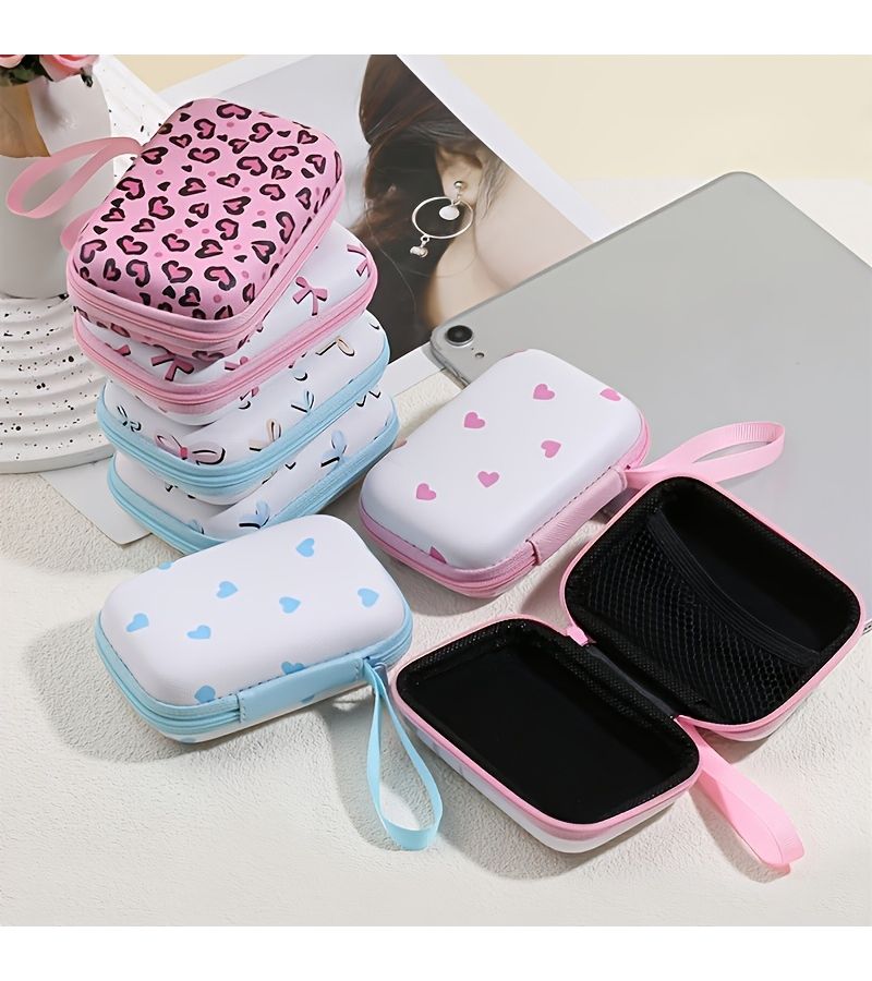 Blue Bow Leopard Print And Heart Zippered Storage Box For Dorm Desk Organizer Lightweight Portable Case Suitable For Headphones Earphones Cables cameras Tech Holder Travel - Image 1