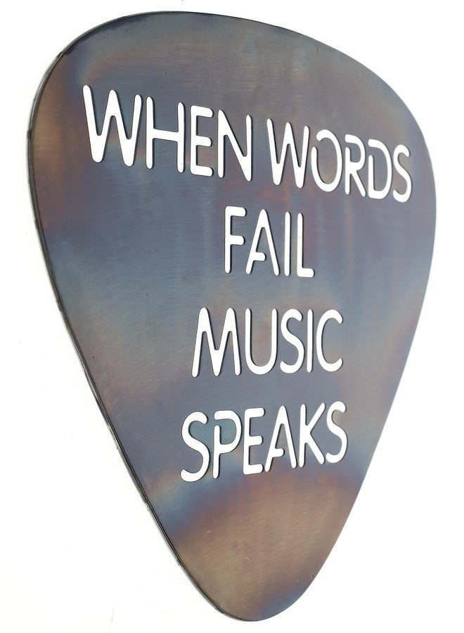 Top Brass Metal Guitar Pick Wall Decor Art - 12" When Words Fail Music Speaks - Rustic Torched Finish - Image 3