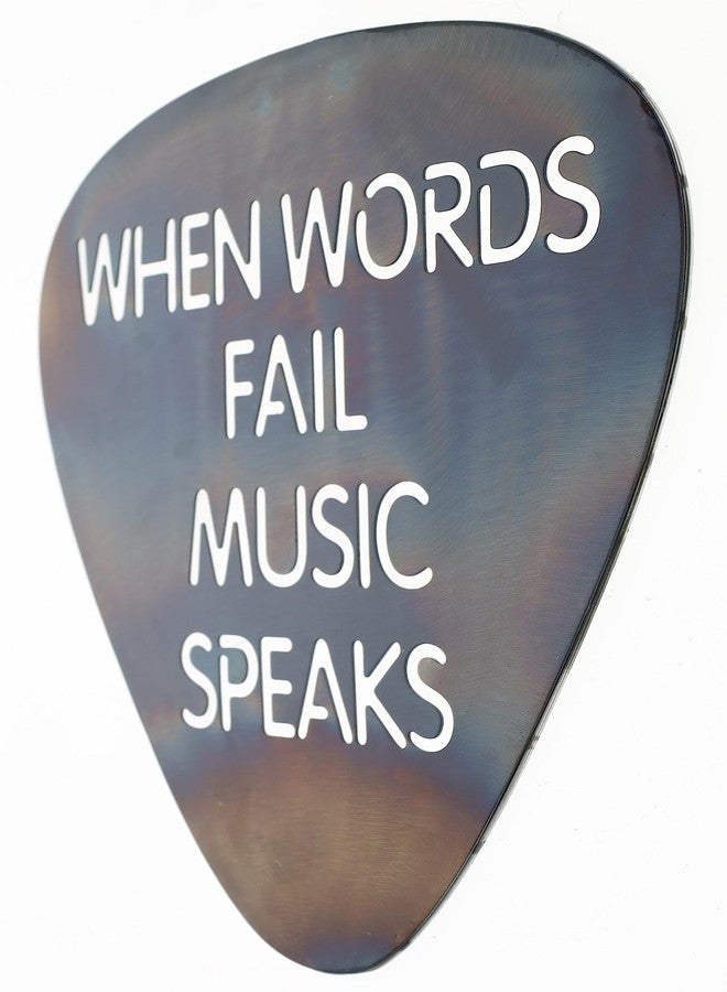 Top Brass Metal Guitar Pick Wall Decor Art - 12" When Words Fail Music Speaks - Rustic Torched Finish - Image 2