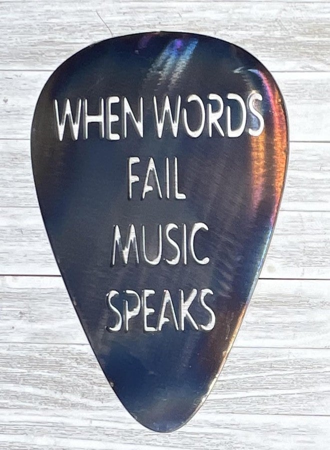 Top Brass Metal Guitar Pick Wall Decor Art - 12" When Words Fail Music Speaks - Rustic Torched Finish - Image 4