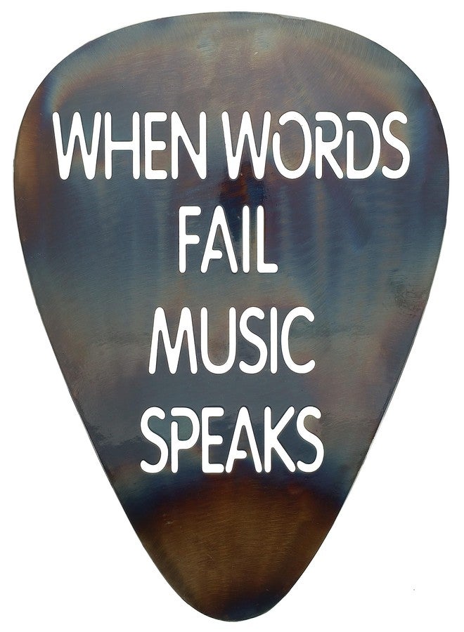 Top Brass Metal Guitar Pick Wall Decor Art - 12" When Words Fail Music Speaks - Rustic Torched Finish - Image 1