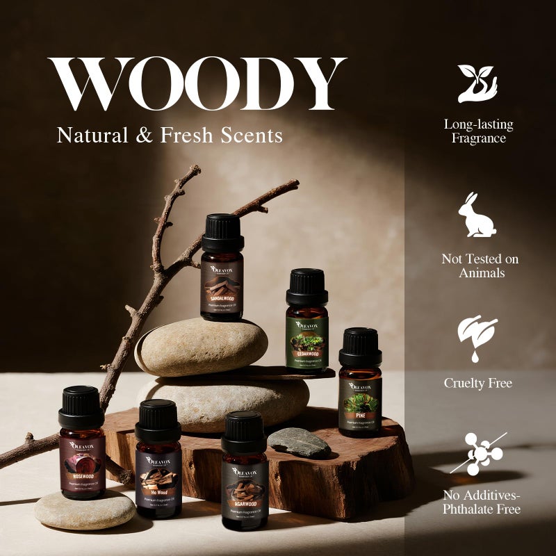 OleaVox Woody Essential Oils Gift Set, 10xï¼•ML Premium Wood Fragrance Oilã€€for Candle & Soap Making, Diffuser, Sandalwood, Teakwood, Forest Pine, Cedarwood, Cypress and Frankincense More Aromatherapy Oils - Image 2