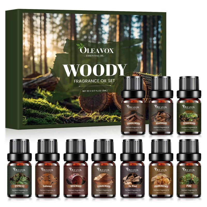 OleaVox Woody Essential Oils Gift Set, 10xï¼•ML Premium Wood Fragrance Oilã€€for Candle & Soap Making, Diffuser, Sandalwood, Teakwood, Forest Pine, Cedarwood, Cypress and Frankincense More Aromatherapy Oils - Image 1