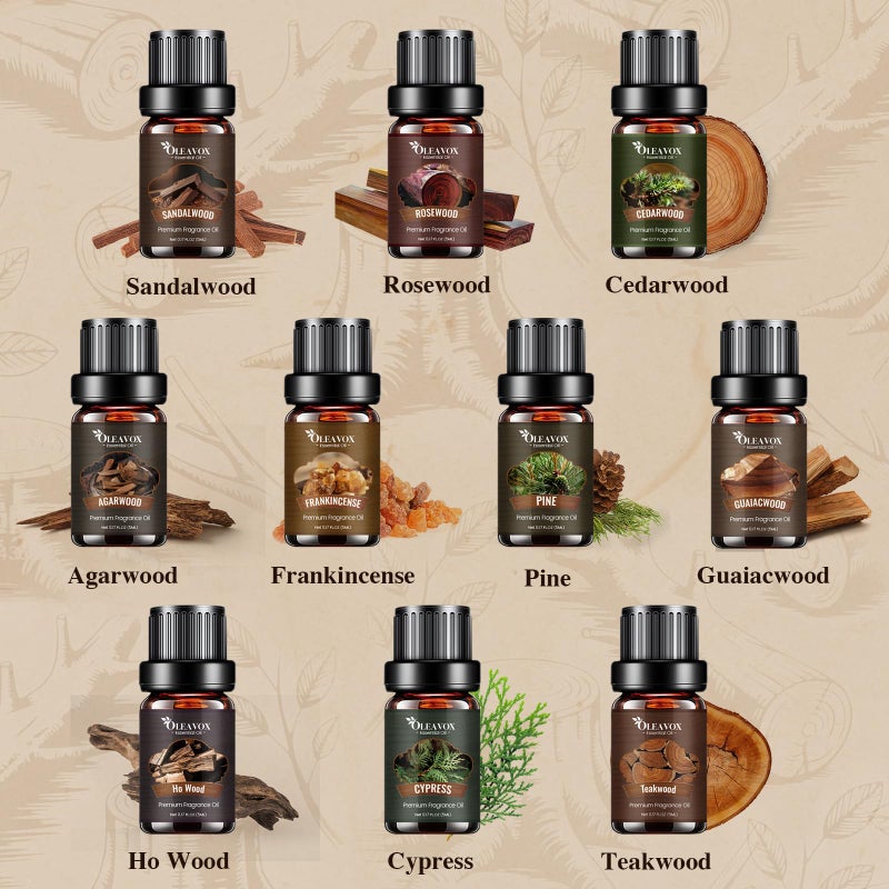OleaVox Woody Essential Oils Gift Set, 10xï¼•ML Premium Wood Fragrance Oilã€€for Candle & Soap Making, Diffuser, Sandalwood, Teakwood, Forest Pine, Cedarwood, Cypress and Frankincense More Aromatherapy Oils - Image 3