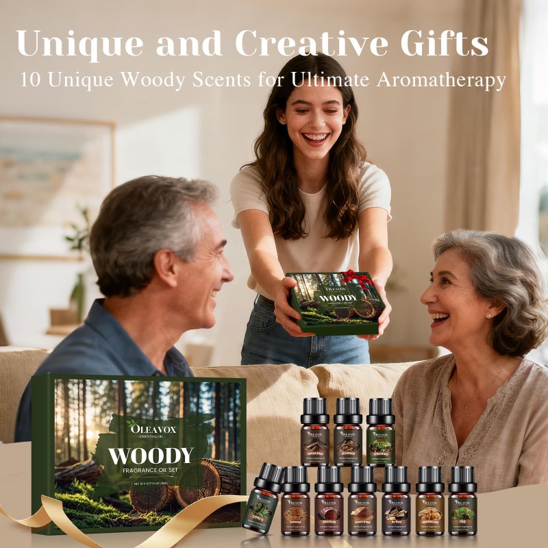OleaVox Woody Essential Oils Gift Set, 10xï¼•ML Premium Wood Fragrance Oilã€€for Candle & Soap Making, Diffuser, Sandalwood, Teakwood, Forest Pine, Cedarwood, Cypress and Frankincense More Aromatherapy Oils - Image 5