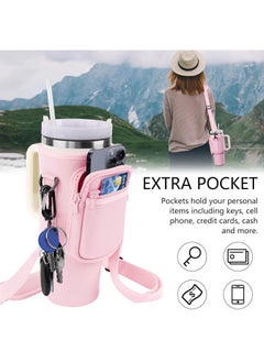 Arabest Water Bottle Carrier Bag for Stanley 40oz Tumbler, Water Bottle Holder with Pouch and Adjustable Strap, Sleeve Accessories with Pocket for 40oz Cup (Pink)  - Image 2