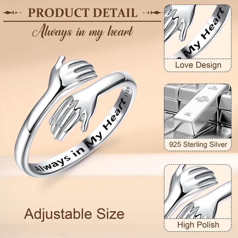 YADOCA 925 Sterling Silver Hug Rings for Women Adjustable Ring Hope Love Heaven Promise Friendship Rings Jewelry Birthday Valentines Gifts for Daughter Granddaughter Mom Wife Sister Teen Best Friend - Image 2