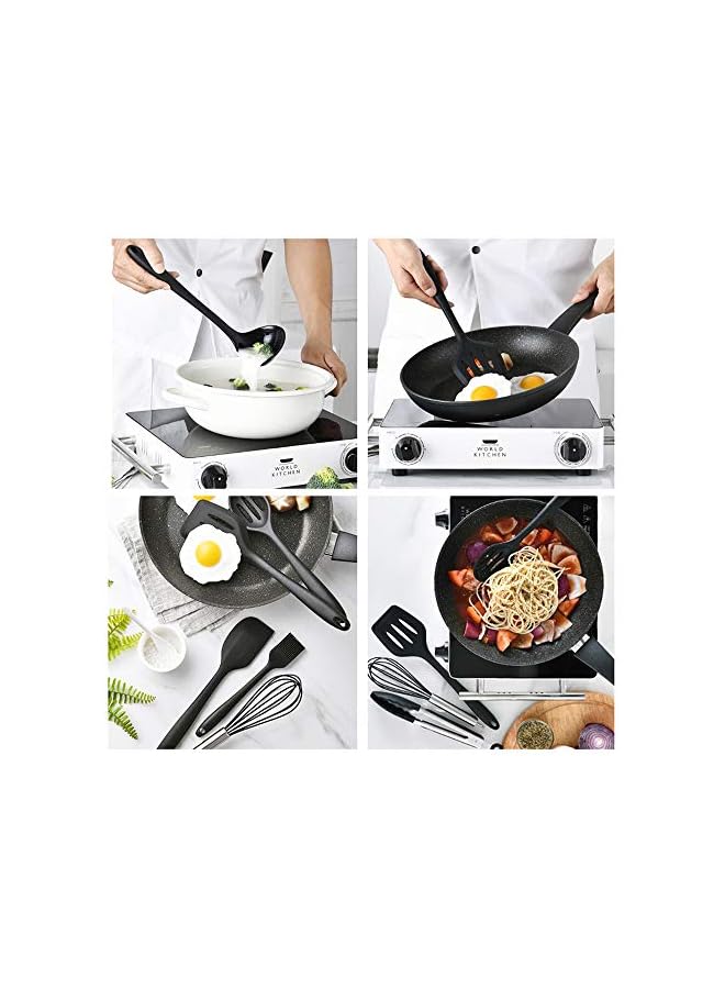 S-TOP 11 Pcs Silicone Kitchen Utensils Set Heat Resistant Cooking Tools for Non Stick Cookware Easy to Clean Kitchen Baking Kit with Holder, Black - Image 2