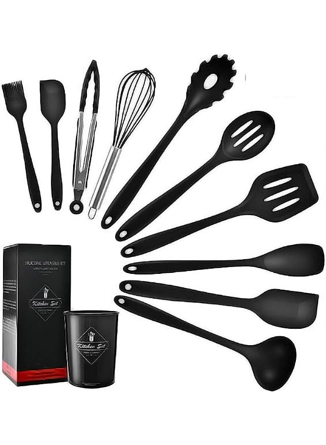 S-TOP 11 Pcs Silicone Kitchen Utensils Set Heat Resistant Cooking Tools for Non Stick Cookware Easy to Clean Kitchen Baking Kit with Holder, Black - Image 1