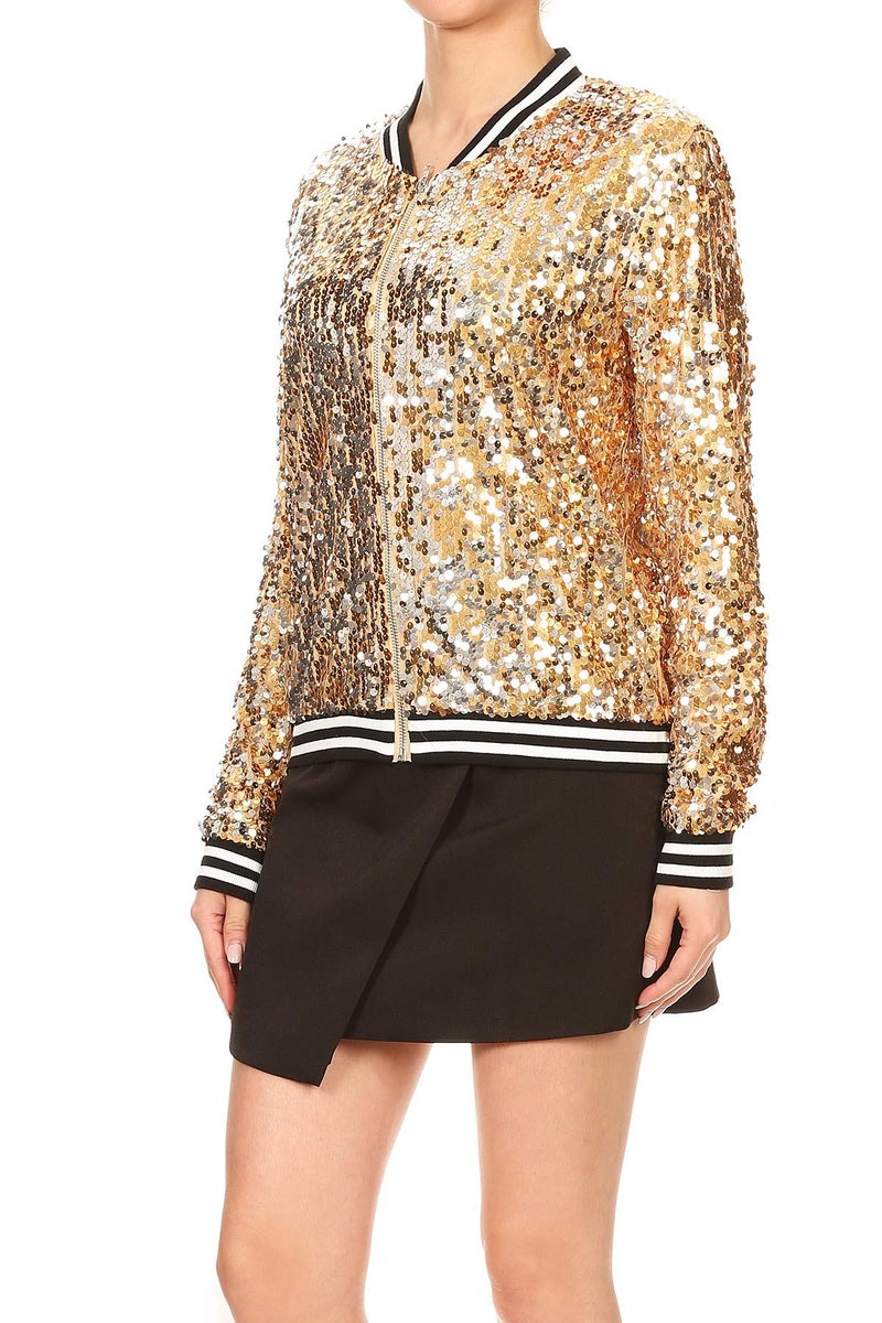 Anna-Kaci Womens Sequin Jacket Bomber Coat 1989 Slitter Outfit For Concert Party, Gold, Small - Image 3