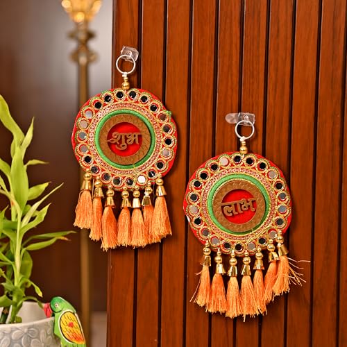 CraftVatika Shubh Labh Wall Hanging Latkan, Diwali Decor Items for Home, Pooja Decoration Items, Diwali Decoration Items, Handmade Embroidery Shubh Labh Hanging, Deepawali Gifts for Family & Friends - Image 1