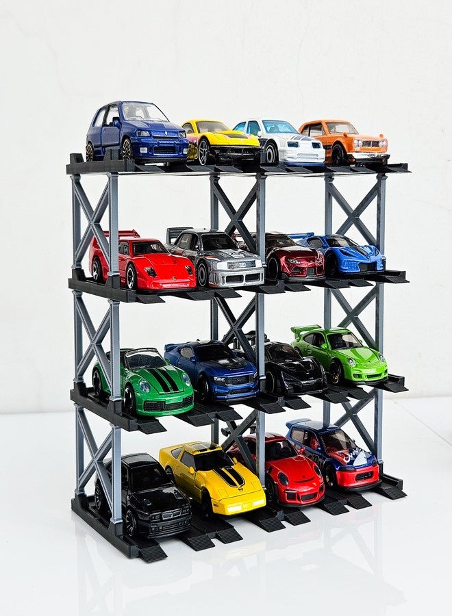 Garage64 حاوية عرض سيارات مصبوبة من Garage64 بمقياس 1:64 - تخزين متعدد المستويات لسيارات مصبوبة قابلة للتحصيل من Hot Wheels و Mini GT و Matchbox | أسود مطفي وفضي (4 مستويات - سعة 16 سيارة) - Image 1