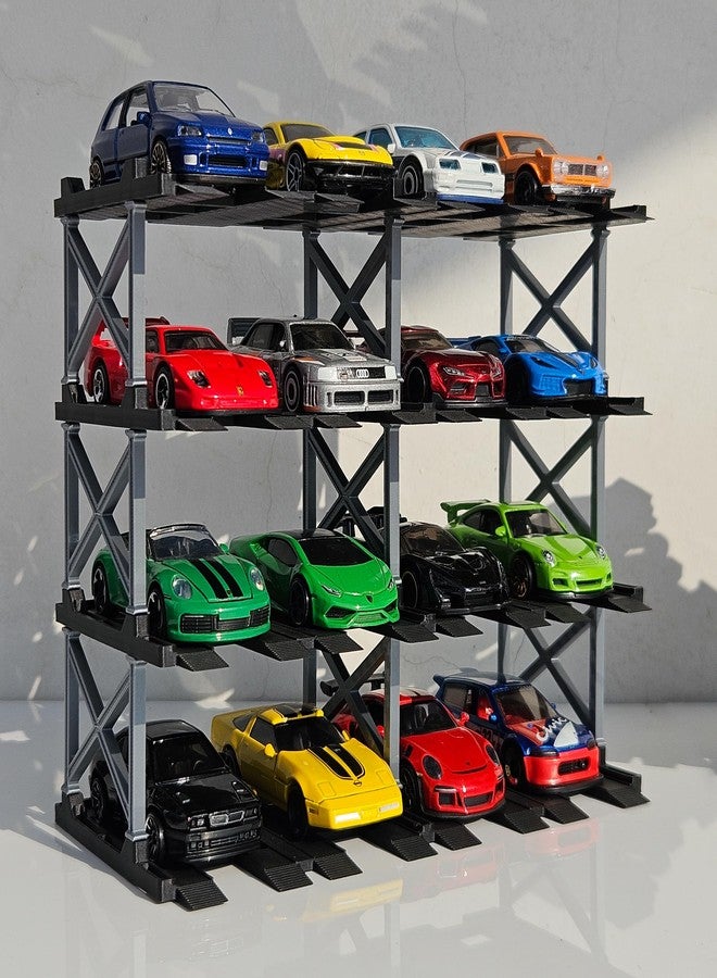 Garage64 حاوية عرض سيارات مصبوبة من Garage64 بمقياس 1:64 - تخزين متعدد المستويات لسيارات مصبوبة قابلة للتحصيل من Hot Wheels و Mini GT و Matchbox | أسود مطفي وفضي (4 مستويات - سعة 16 سيارة) - Image 2