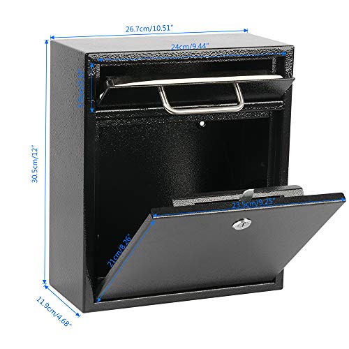 KYODOLED Steel Key Lock Mail Boxes for Outside, Locking Wall Mount Mailbox, Security Key Drop Box,12H x 10.51L x 4.68W Inches, Black Large - Image 3