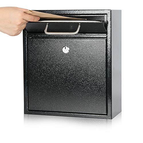 KYODOLED Steel Key Lock Mail Boxes for Outside, Locking Wall Mount Mailbox, Security Key Drop Box,12H x 10.51L x 4.68W Inches, Black Large - Image 1