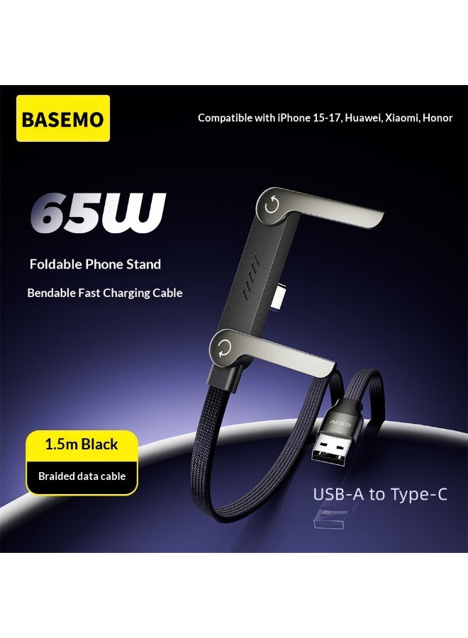 BASEMO 65W L-Shaped Fast Charging Cable with Foldable Phone Stand, USB-A to Type-C Gaming Charger Cord Compatible with iPhone 15/16/17, Huawei, Xiaomi, Android, 1.5m Braided - Image 1