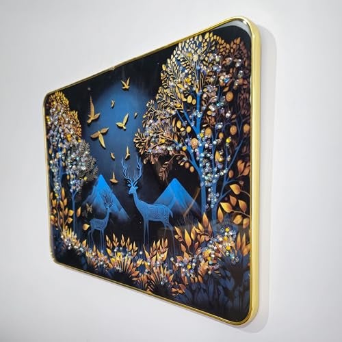 Masstone Raindeer with Birds Decorative Wall Hanging Painting with Crystal Embedded High Gloss Surface Gold Slim Frame Embossed, 45x30 Cm, Home Décor Wall Art For Living Room, Bedroom, Office, Hotel - Image 5