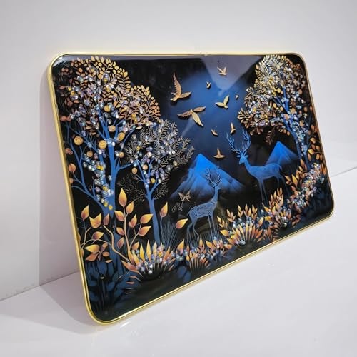 Masstone Raindeer with Birds Decorative Wall Hanging Painting with Crystal Embedded High Gloss Surface Gold Slim Frame Embossed, 45x30 Cm, Home Décor Wall Art For Living Room, Bedroom, Office, Hotel - Image 3