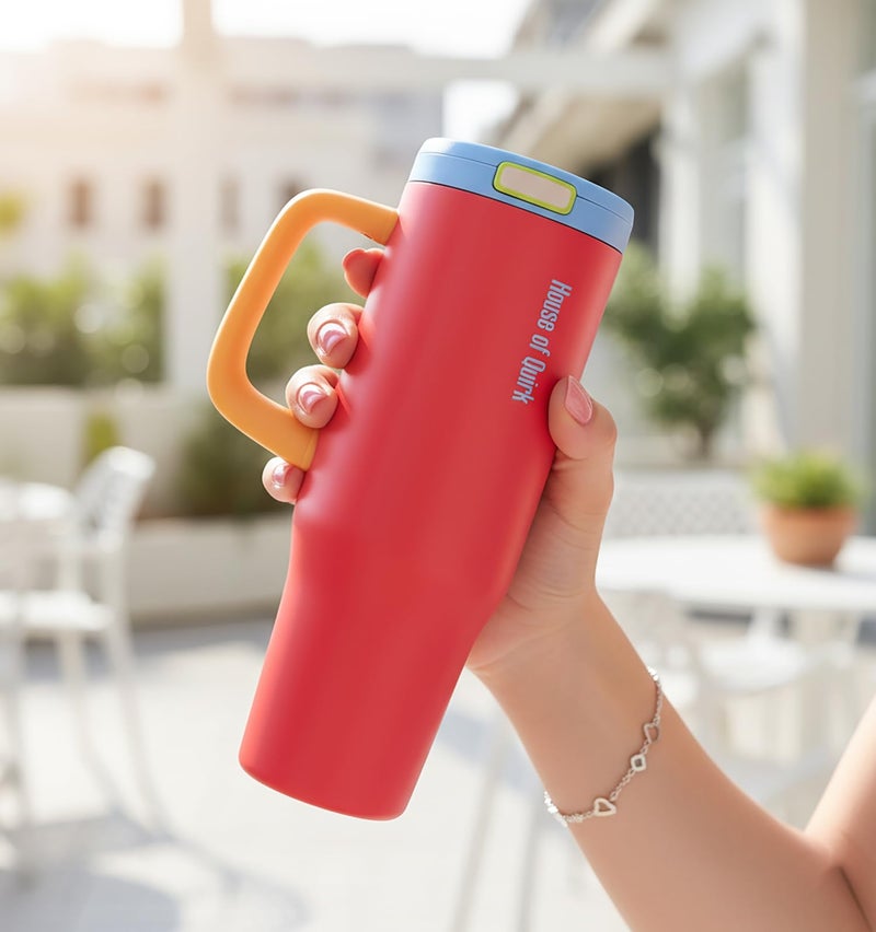 House of Quirk 1200ML Stainless Steel Tumbler with Handle & Pop-Up Lid, Leakproof Travel Cup, Fits Car Cup Holder (Berry Pink) - Image 3