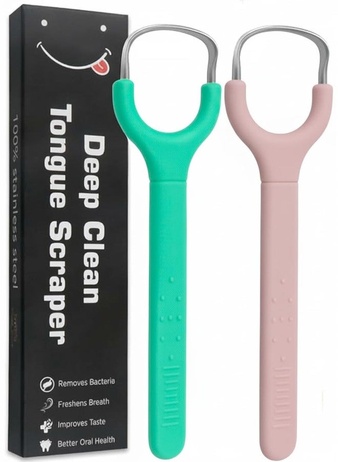 Prplet Tongue Cleaner Scraper for Adults & Kids - Stainless Steel Tongue Scraper for Hygiene, Fresh Breath, Removes Bacteria - Deep Clean Tongue Cleaning Tool (Pack of 2) (Green+Light Pink) - Image 1
