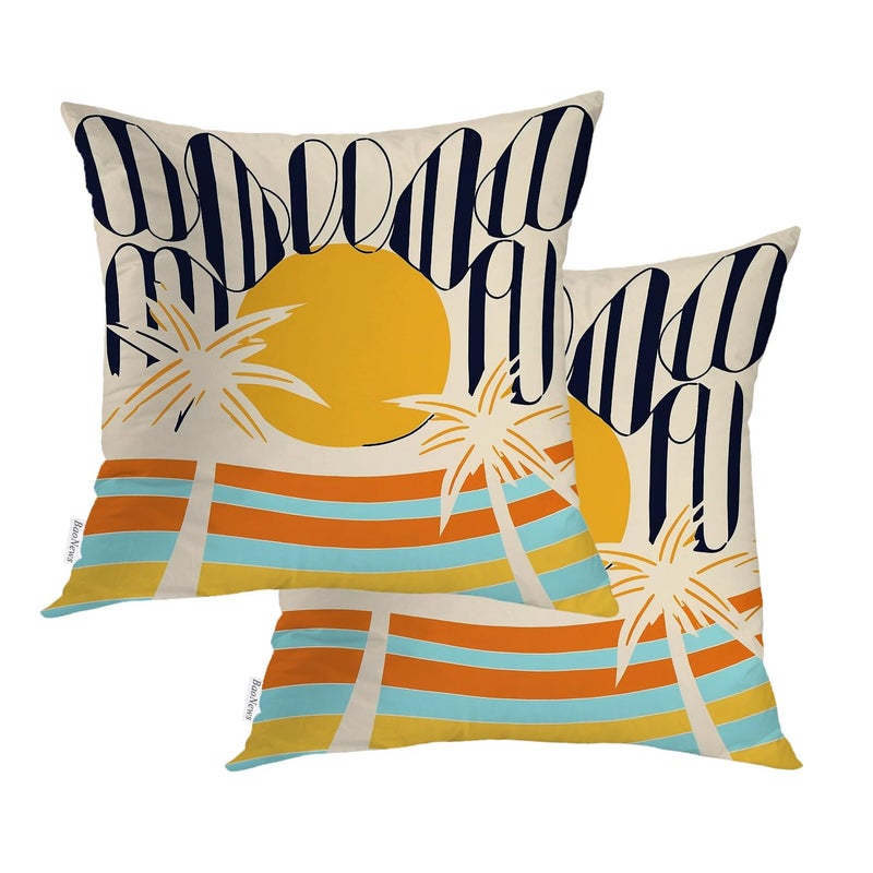 Baonews وسادة الصيف يغطي Hello Sunshine Pillow Sun Pillow Palm Palm Lines خطوط الحالات رمي ​​الوسائد الرقمية المخفية المخفية غطاء الأريكة الزخرفية لغطاء الشعر مربع 18x18 في 2 pcs - Image 1