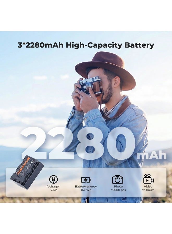 K&F Concept بطارية K&F Concept NP-FZ100 وشاحن ثلاثي الفتحات، مجموعة 3 بطاريات بديلة لكاميرات سوني A7iii، A7iv، A7C، FX3، FX30، A9، A6600، A6700، ZV-E1، ZV-E10ii، Alpha 9، A9S، A7R III، A7R IV، A7R V، 2280mAh - Image 2