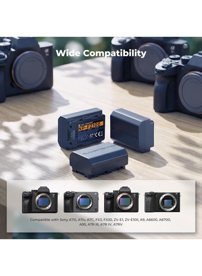 K&F Concept بطارية K&F Concept NP-FZ100 وشاحن ثلاثي الفتحات، مجموعة 3 بطاريات بديلة لكاميرات سوني A7iii، A7iv، A7C، FX3، FX30، A9، A6600، A6700، ZV-E1، ZV-E10ii، Alpha 9، A9S، A7R III، A7R IV، A7R V، 2280mAh - Image 3
