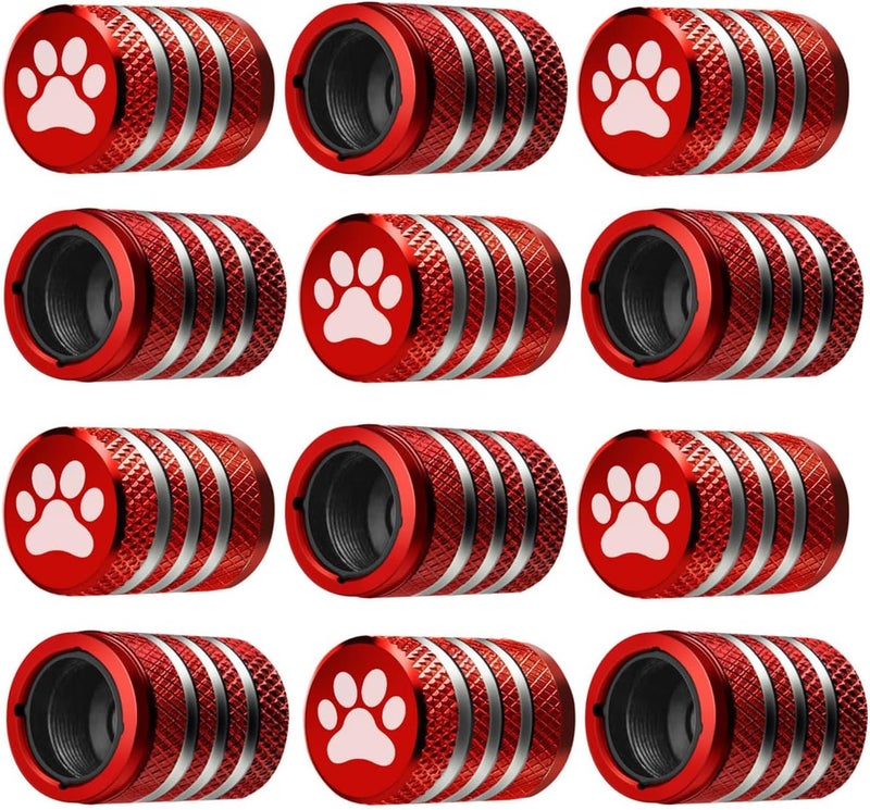 DECURCAR Tire Valve Stem Caps Cover - (12 Pack) Tire Air Caps Metal with Plastic Liner Corrosion Resistant Leak-Proof Dog Paw Print for Car Truck Motorcycle Bike Red - Image 1