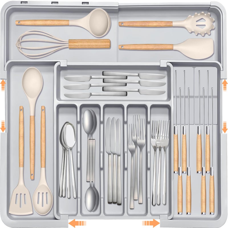Homecor Silverware Drawer Organizer for Kitchen, Adjustable Utensil Drawer Organizer with 2 Knife Block, BPA Free Flatware and Cutlery Holder, Expandable Plastic Storage for Spoons Forks Knives(Grey) - Image 1