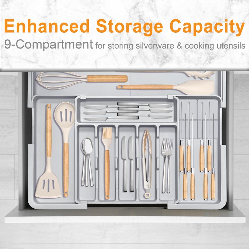 Homecor Silverware Drawer Organizer for Kitchen, Adjustable Utensil Drawer Organizer with 2 Knife Block, BPA Free Flatware and Cutlery Holder, Expandable Plastic Storage for Spoons Forks Knives(Grey) - Image 4
