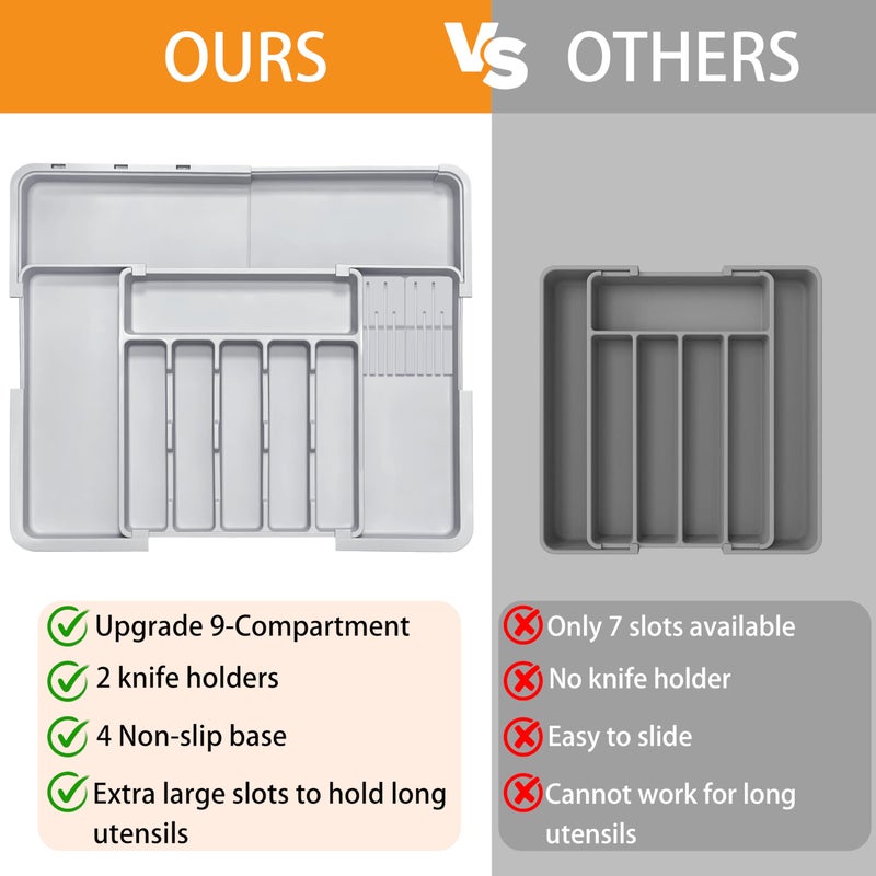 Homecor Silverware Drawer Organizer for Kitchen, Adjustable Utensil Drawer Organizer with 2 Knife Block, BPA Free Flatware and Cutlery Holder, Expandable Plastic Storage for Spoons Forks Knives(Grey) - Image 3