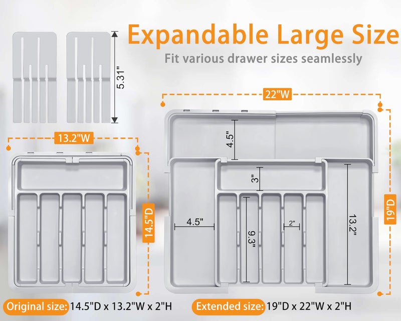 Homecor Silverware Drawer Organizer for Kitchen, Adjustable Utensil Drawer Organizer with 2 Knife Block, BPA Free Flatware and Cutlery Holder, Expandable Plastic Storage for Spoons Forks Knives(Grey) - Image 2